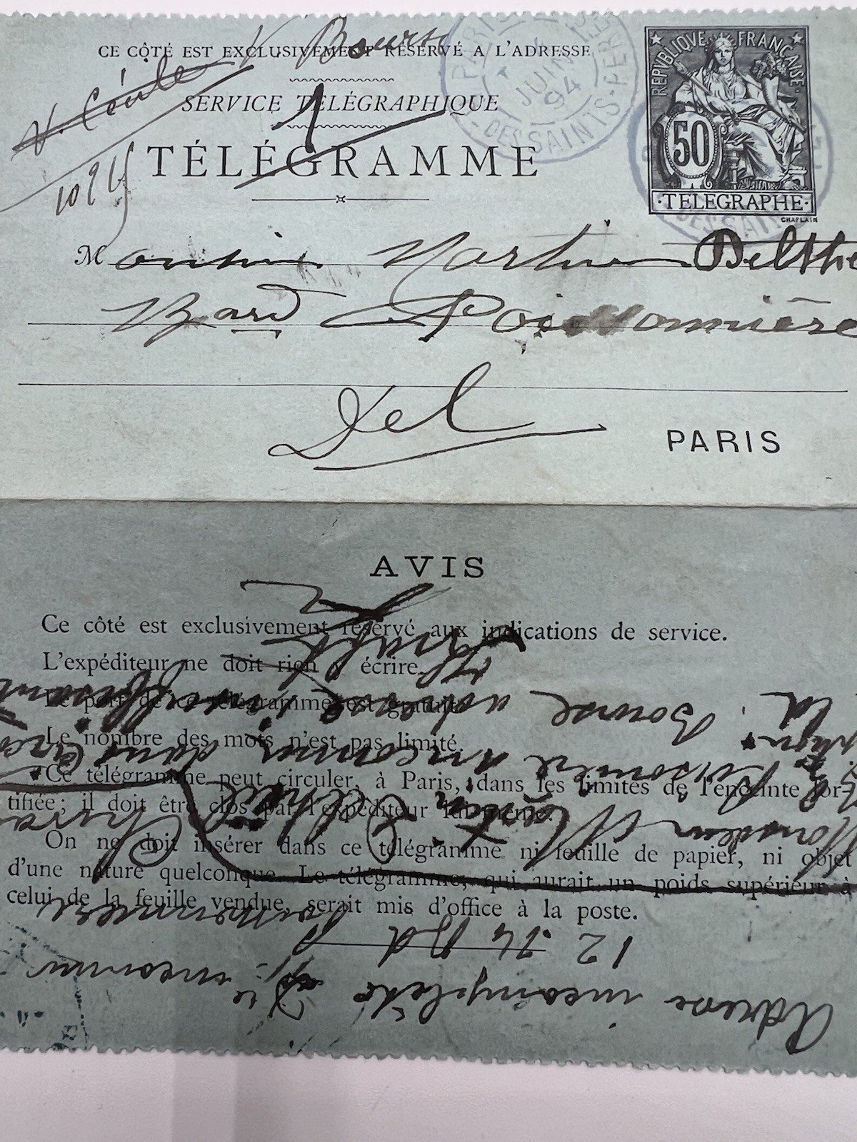 1894 Paris Petit Bleu Forwarded Returned Telegram 50c Chaplain # 1248 photo 2