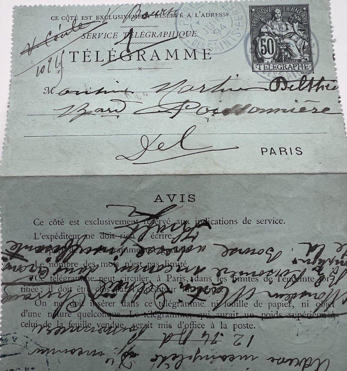 1894 Paris Petit Bleu Forwarded Returned Telegram 50c Chaplain # 1248 photo 3