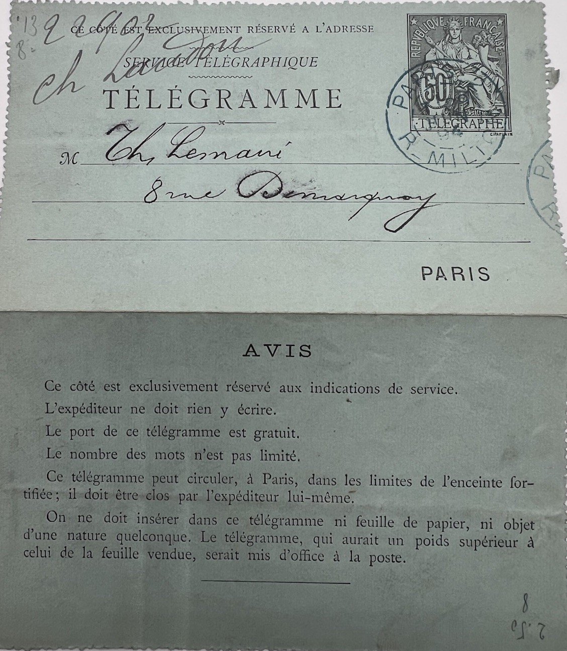 1894 Paris Telegram Signed Stamp Dealer Jules Bernichon Guatemala # 1249