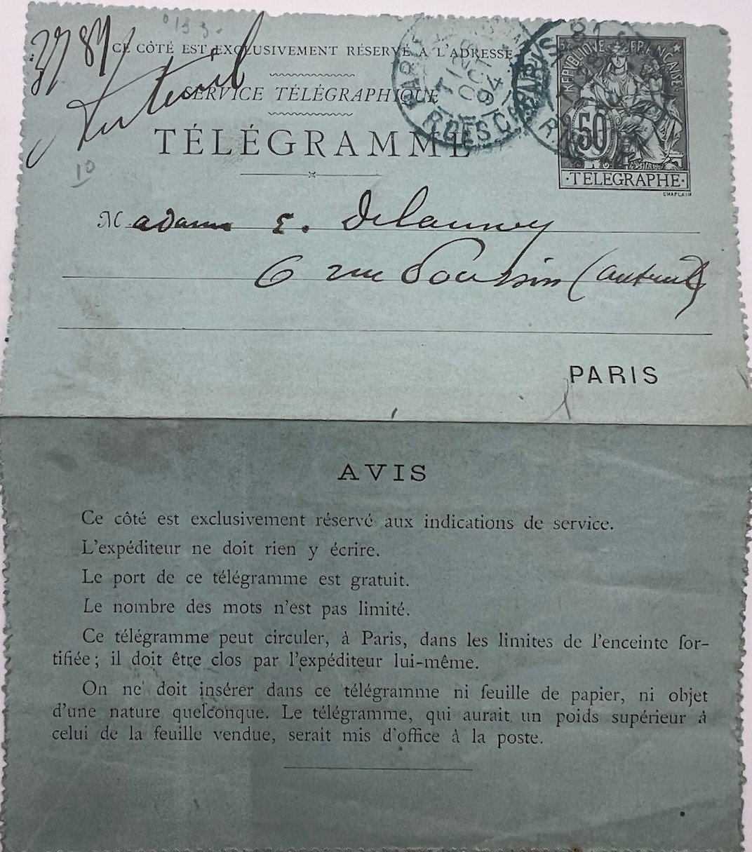 1894 Paris France Pneumatic Post “Petit Bleu” Telegram 50c Chaplain # 1250