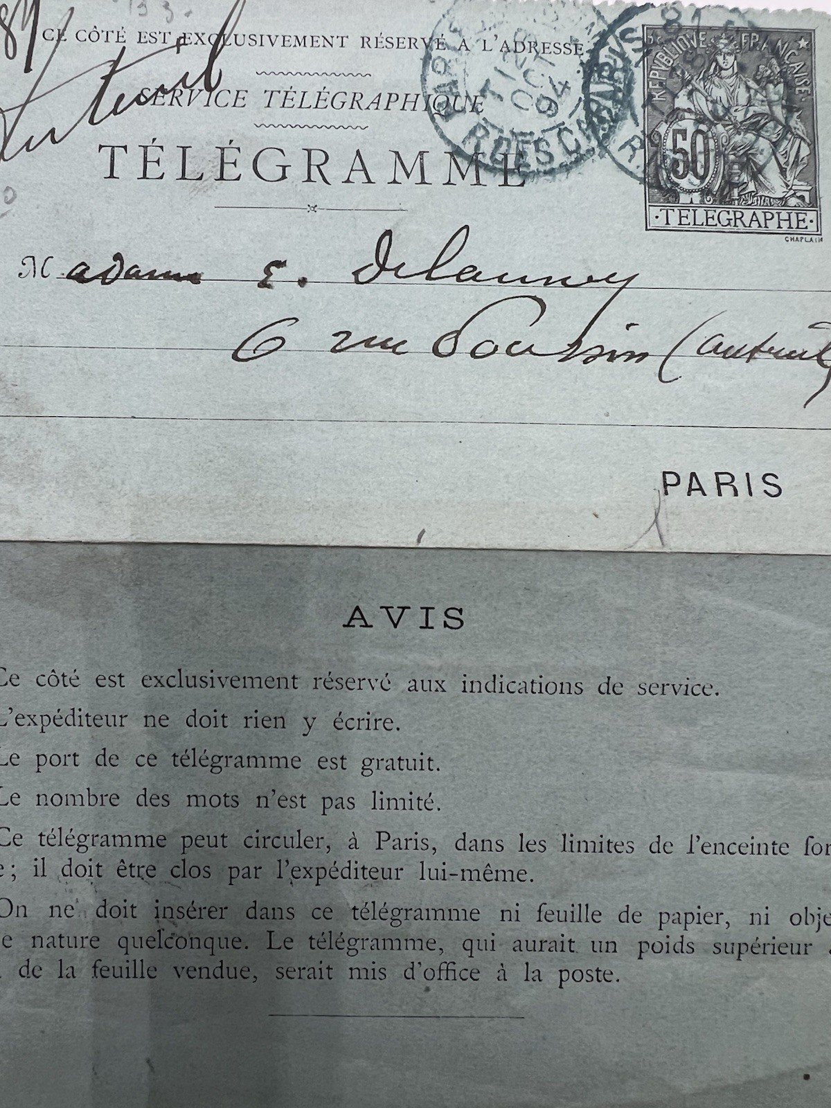 1894 Paris France Pneumatic Post “Petit Bleu” Telegram 50c Chaplain # 1250 photo 2