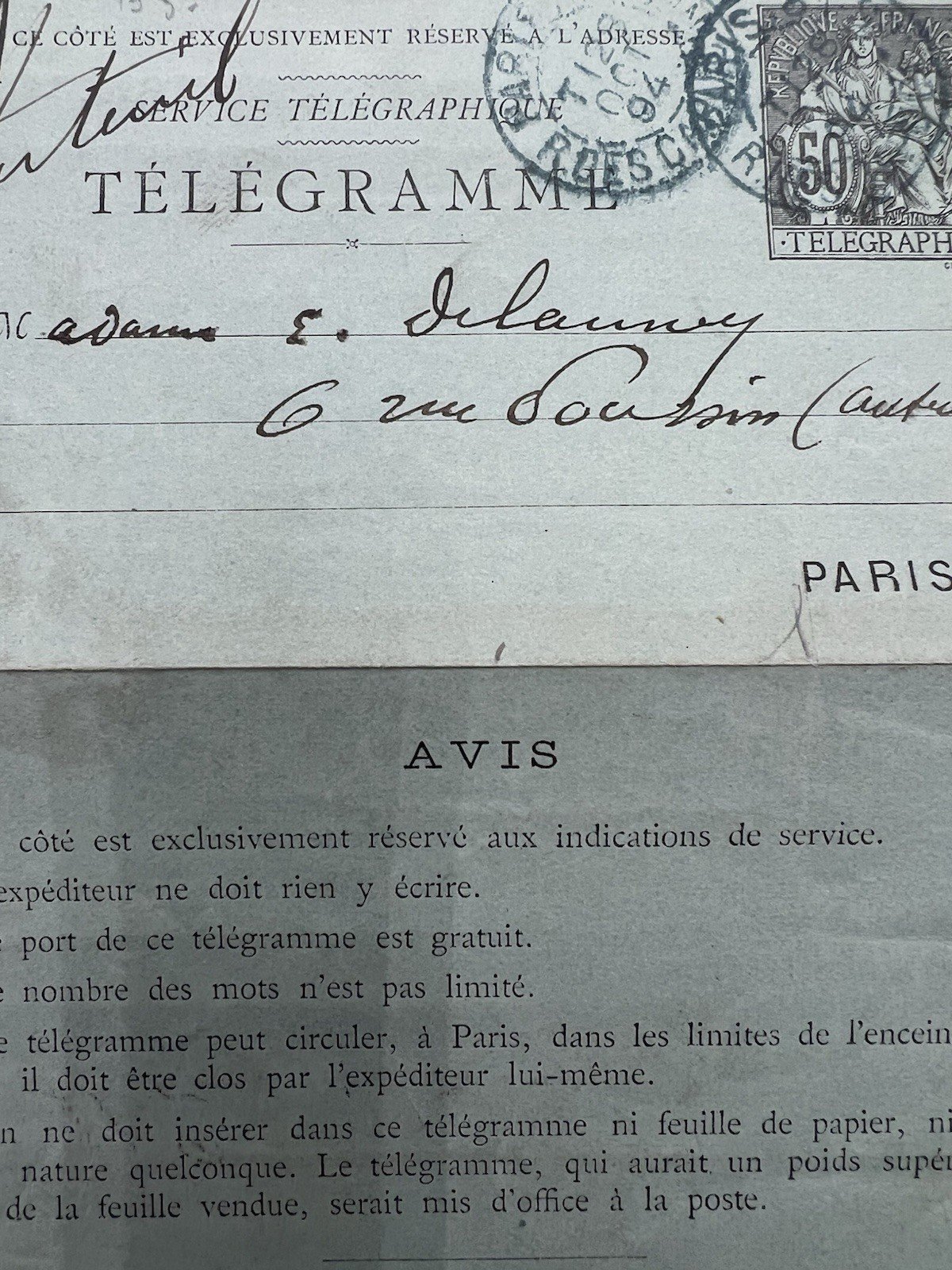 1894 Paris France Pneumatic Post “Petit Bleu” Telegram 50c Chaplain # 1250 photo 3