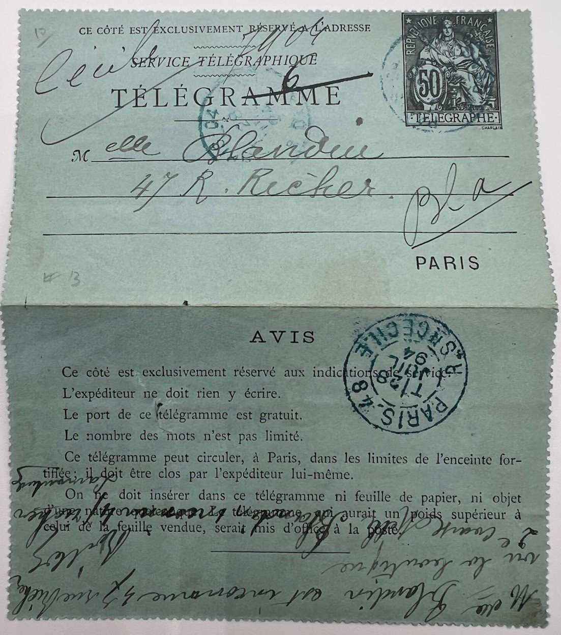 1894 Paris France Petit Bleu Pneumatic Telegram 50c Chaplain # 1251