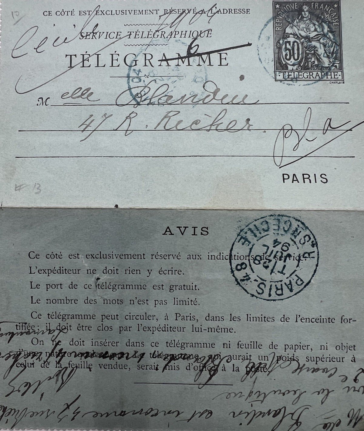 1894 Paris France Petit Bleu Pneumatic Telegram 50c Chaplain # 1251 photo 2