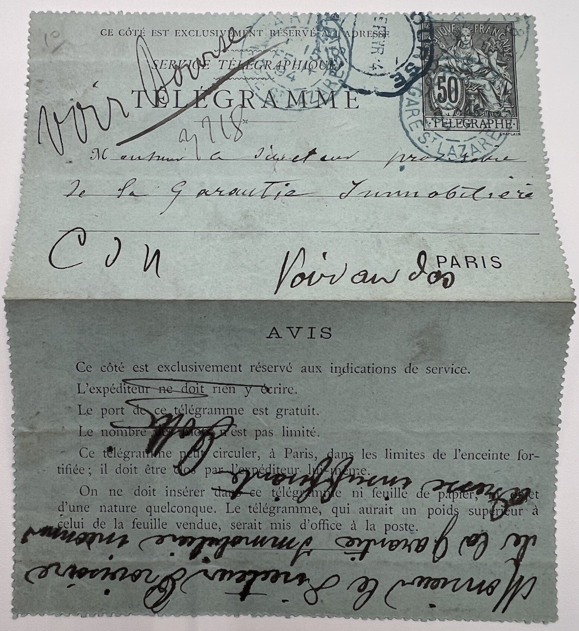 1894 Paris Petit Bleu Telegram 50c Chaplain La Garantie Immobiliere. # 1252