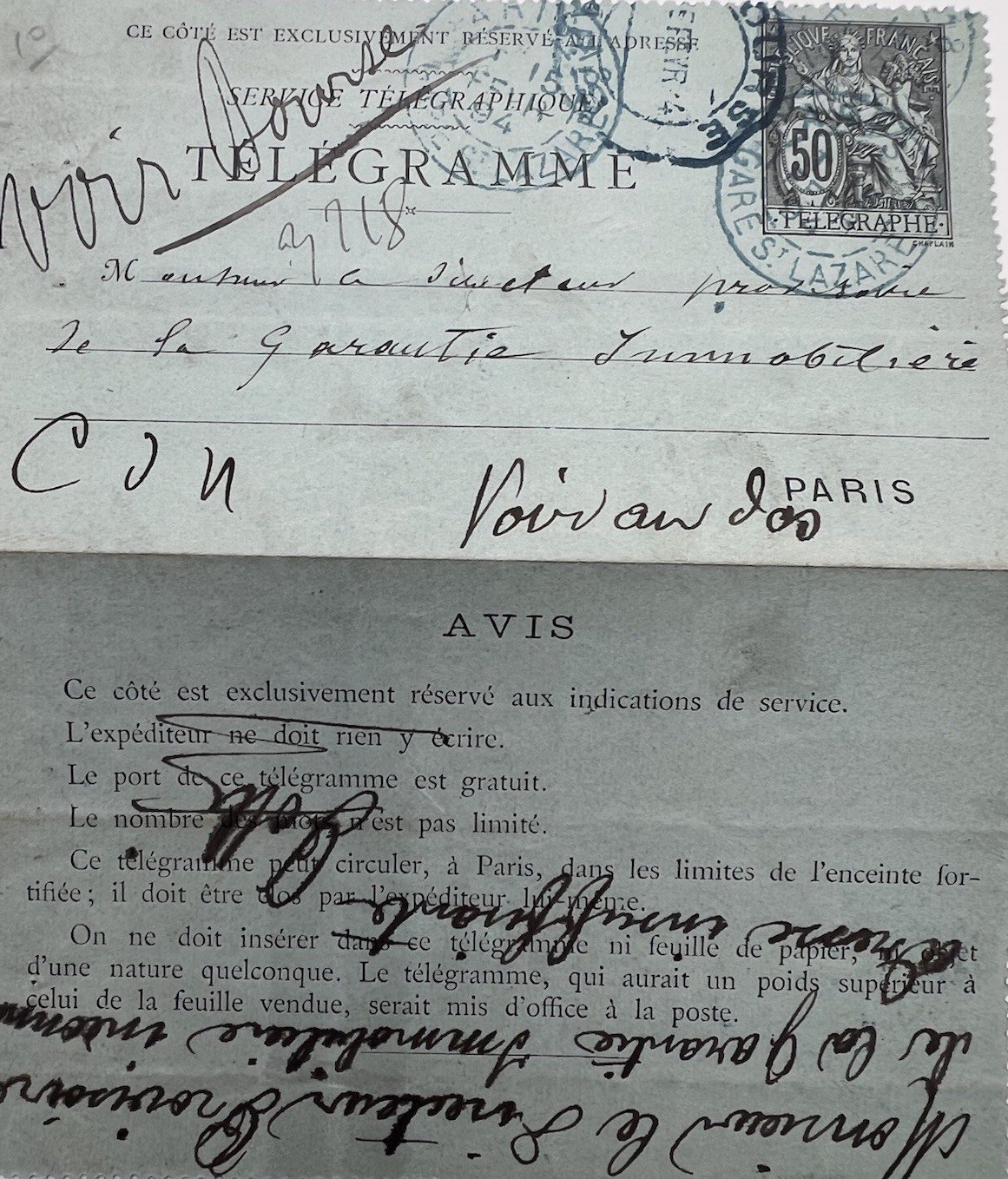 1894 Paris Petit Bleu Telegram 50c Chaplain La Garantie Immobiliere. # 1252 photo 2