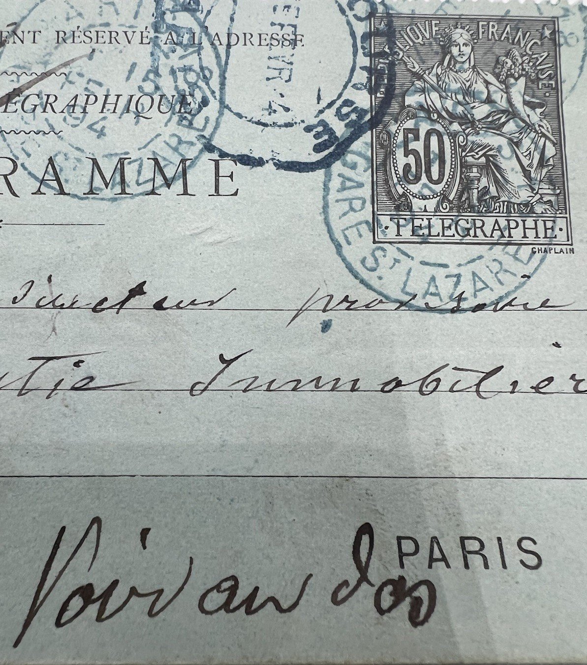1894 Paris Petit Bleu Telegram 50c Chaplain La Garantie Immobiliere. # 1252 photo 3
