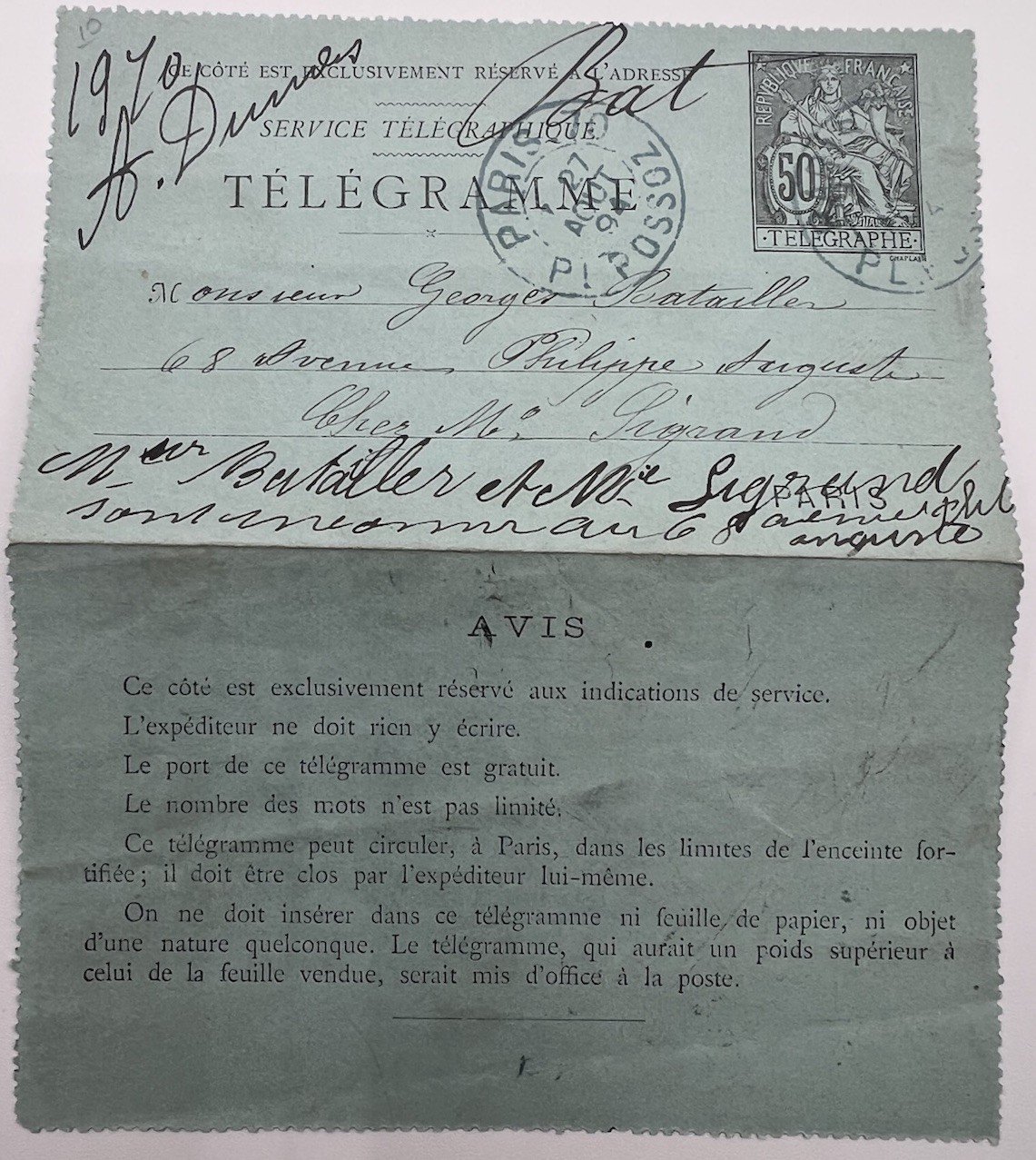 1894 Paris Petit Bleu Telegram to Georges Bataille Final Appeal 50c # 1253