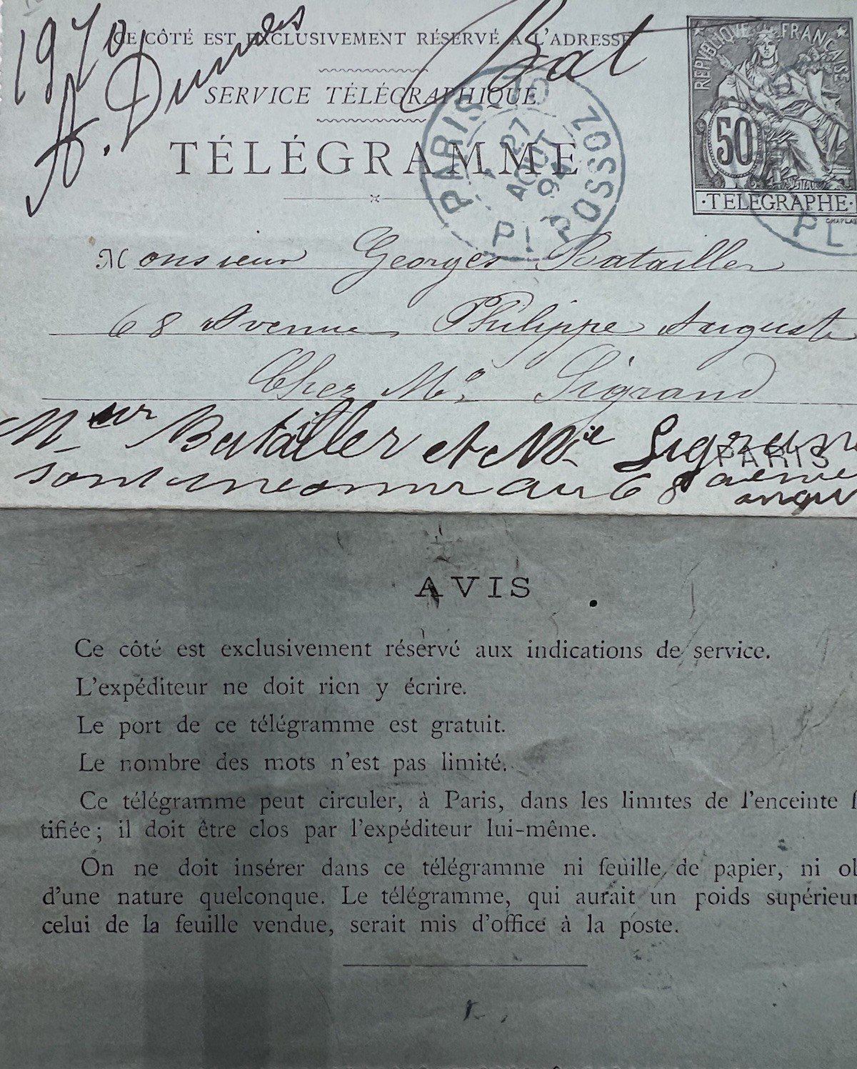 1894 Paris Petit Bleu Telegram to Georges Bataille Final Appeal 50c # 1253 photo 2