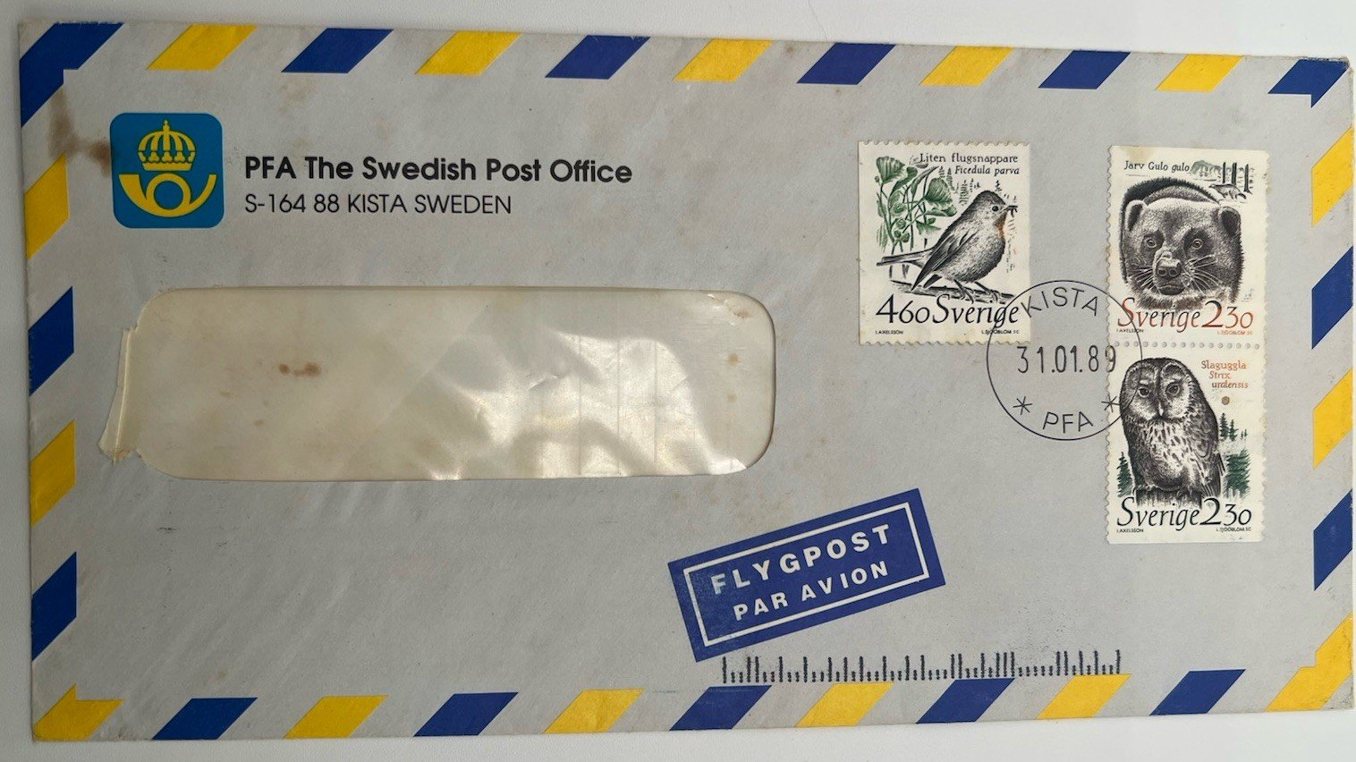 1989 Sweden PFA Airmail Cover Scott 1723-24 1728 Wildlife Stamps # 1257