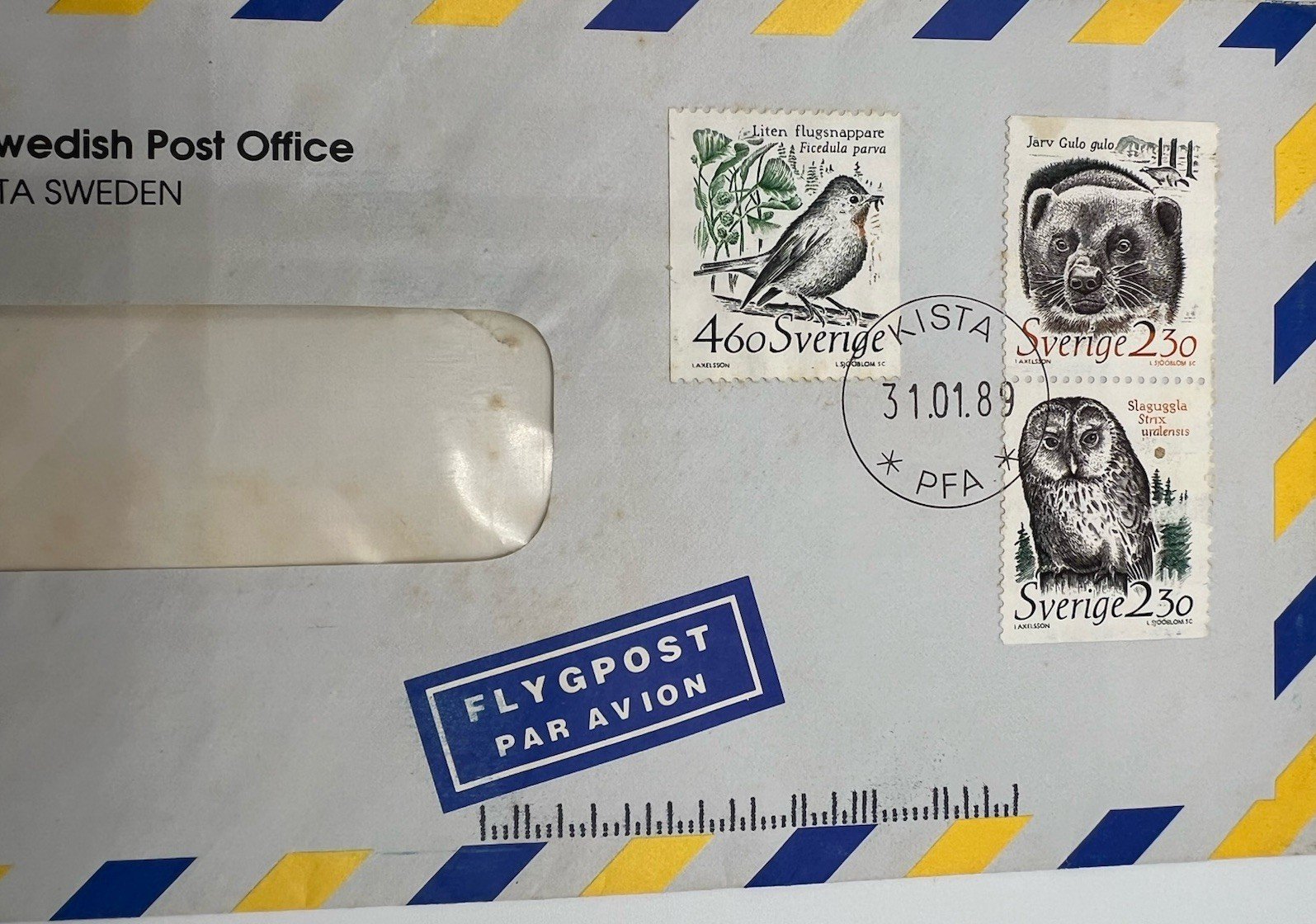 1989 Sweden PFA Airmail Cover Scott 1723-24 1728 Wildlife Stamps # 1257 photo 2