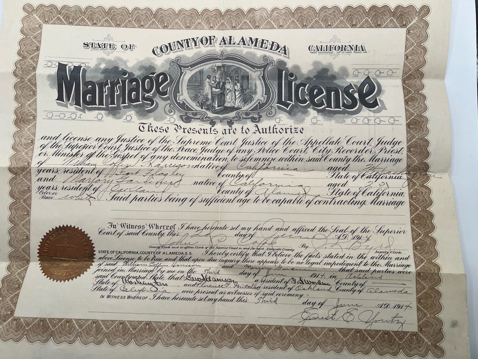 1914 Alameda County California Marriage License Certificate Gold Seal # 1261