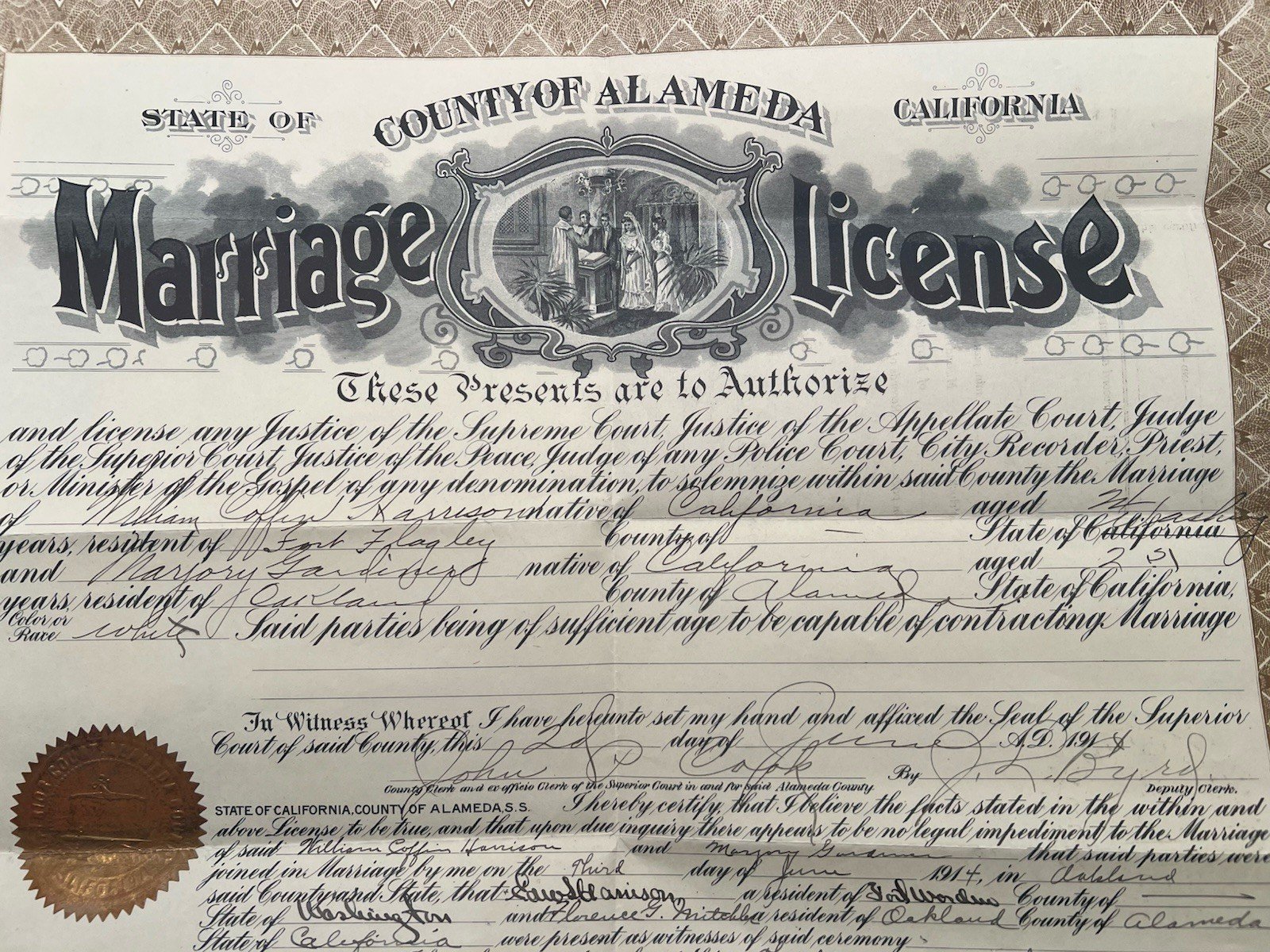 1914 Alameda County California Marriage License Certificate Gold Seal # 1261 photo 2