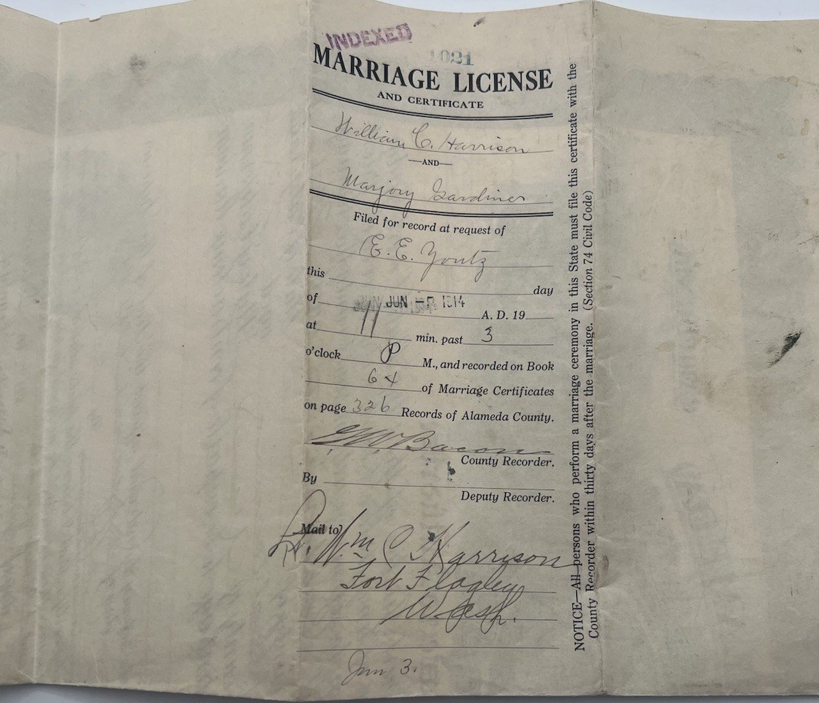 1914 Alameda County California Marriage License Certificate Gold Seal # 1261 photo 4