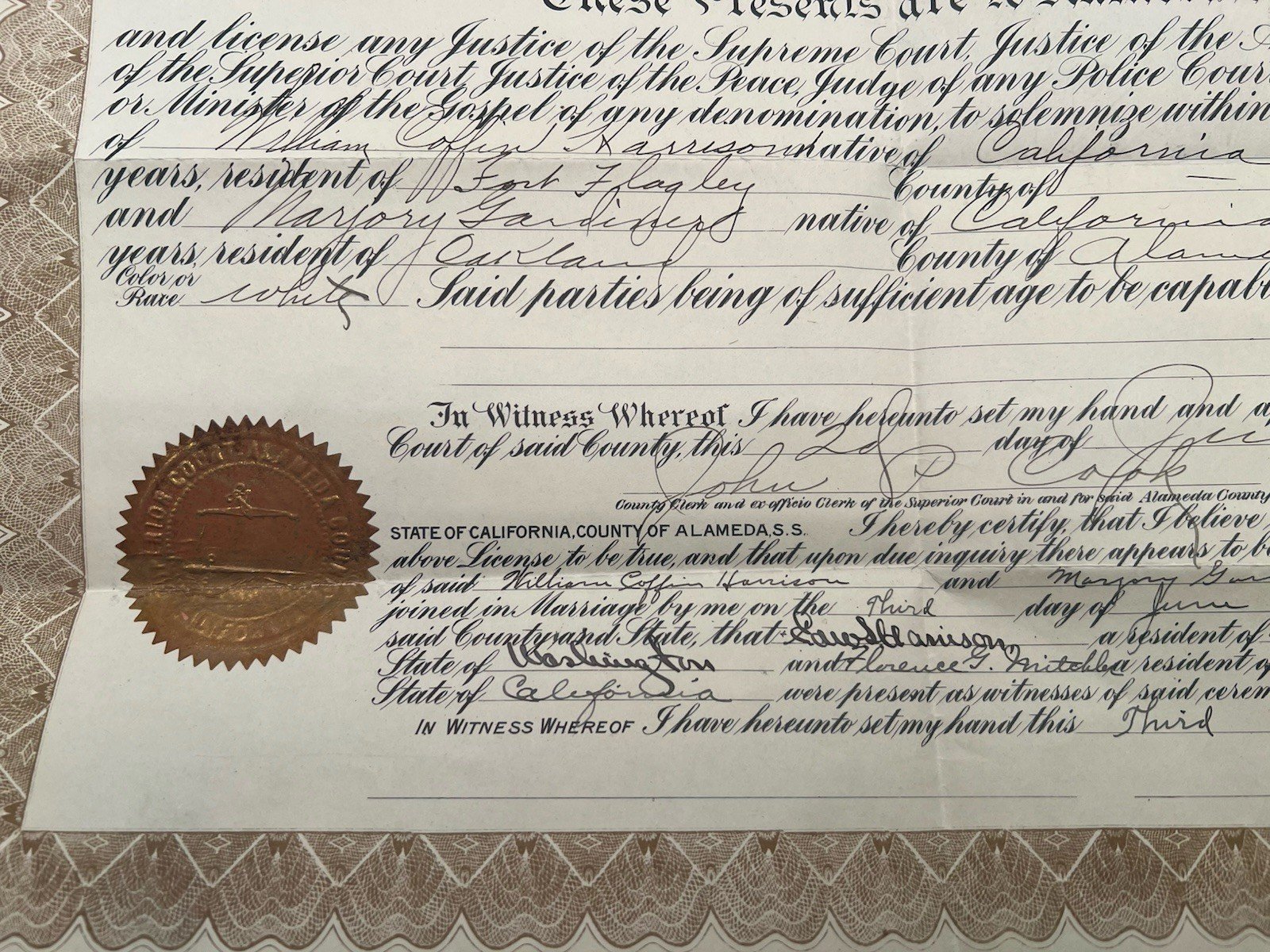 1914 Alameda County California Marriage License Certificate Gold Seal # 1261 photo 5