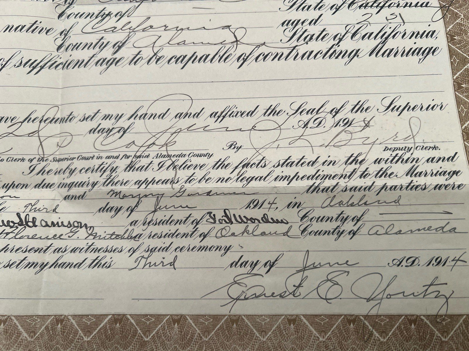 1914 Alameda County California Marriage License Certificate Gold Seal # 1261 photo 6