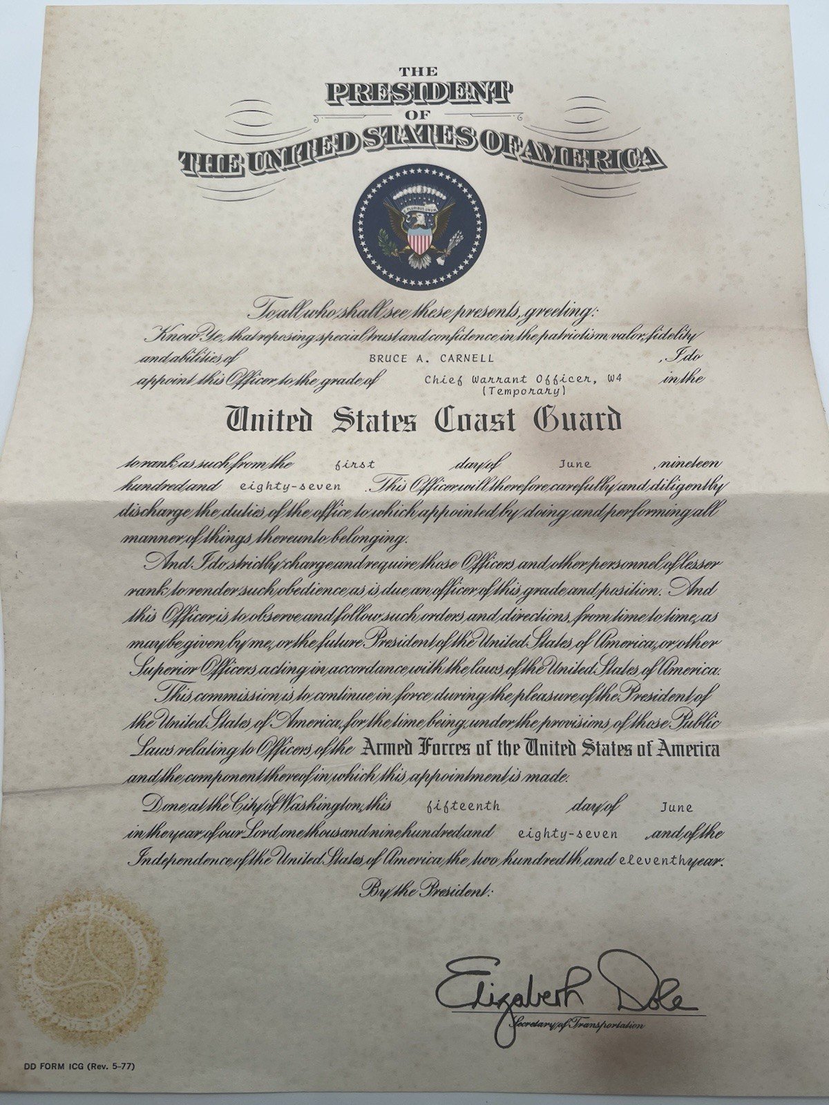 1987 US Coast Guard CWO4 Commission Certificate Elizabeth Dole Facsimile # 1263
