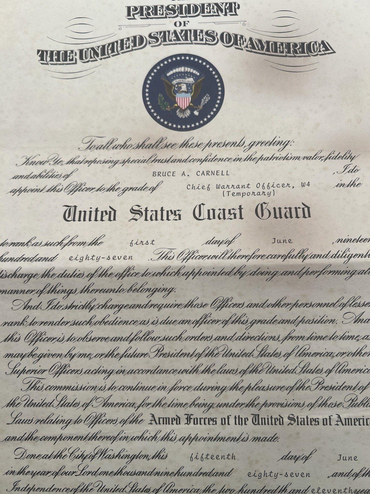 1987 US Coast Guard CWO4 Commission Certificate Elizabeth Dole Facsimile # 1263 photo 2
