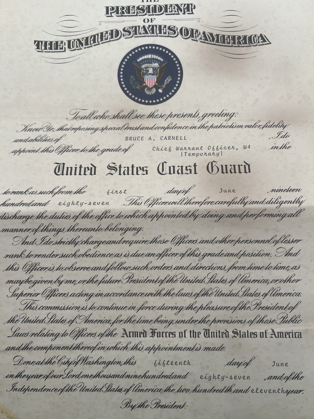 1987 US Coast Guard CWO4 Commission Certificate Elizabeth Dole Facsimile # 1263 photo 3