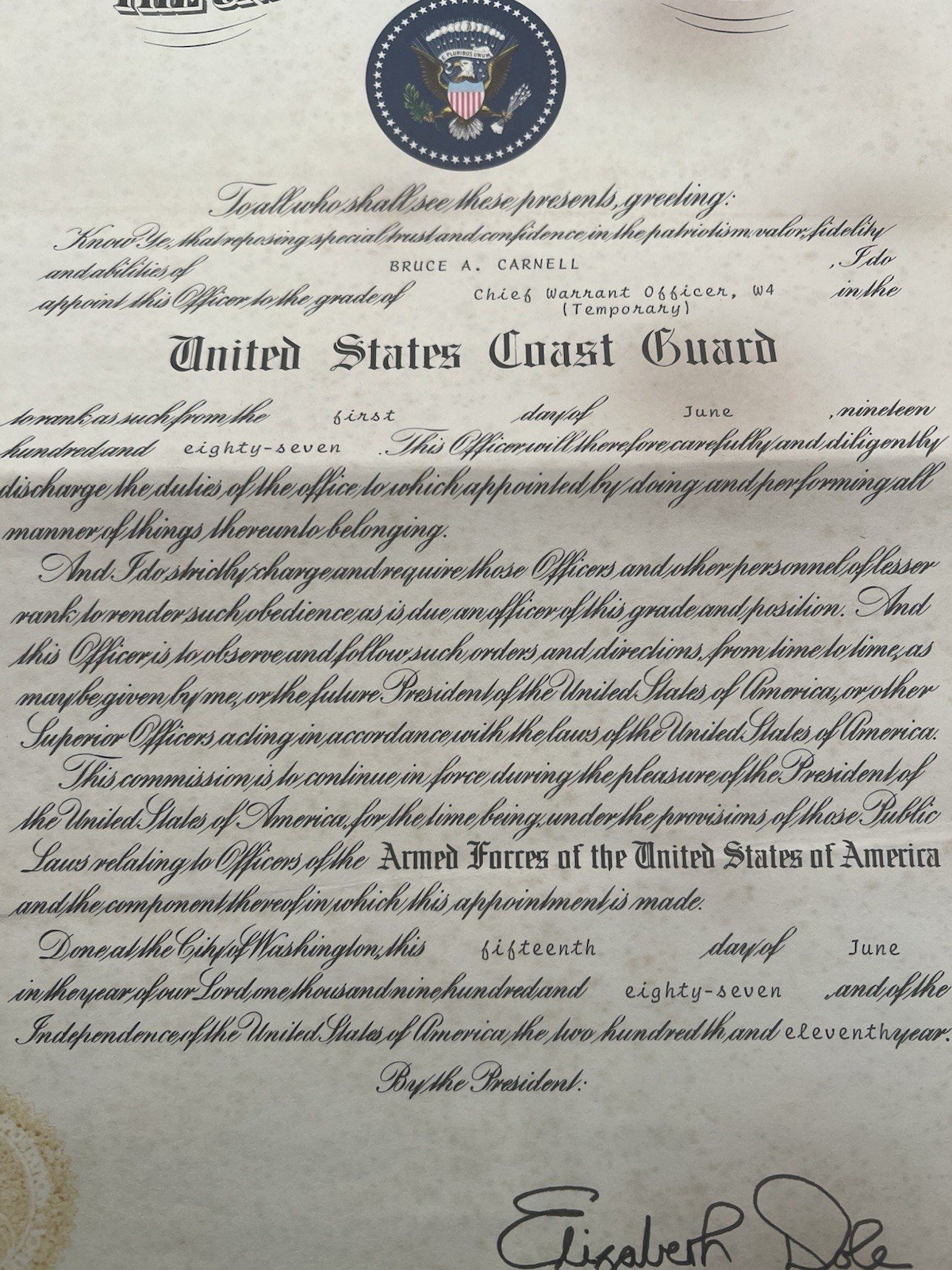 1987 US Coast Guard CWO4 Commission Certificate Elizabeth Dole Facsimile # 1263 photo 4