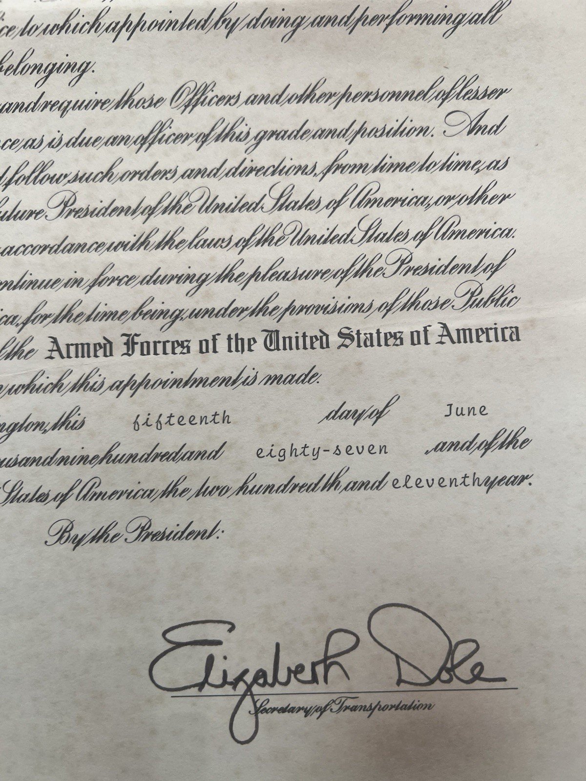 1987 US Coast Guard CWO4 Commission Certificate Elizabeth Dole Facsimile # 1263 photo 5