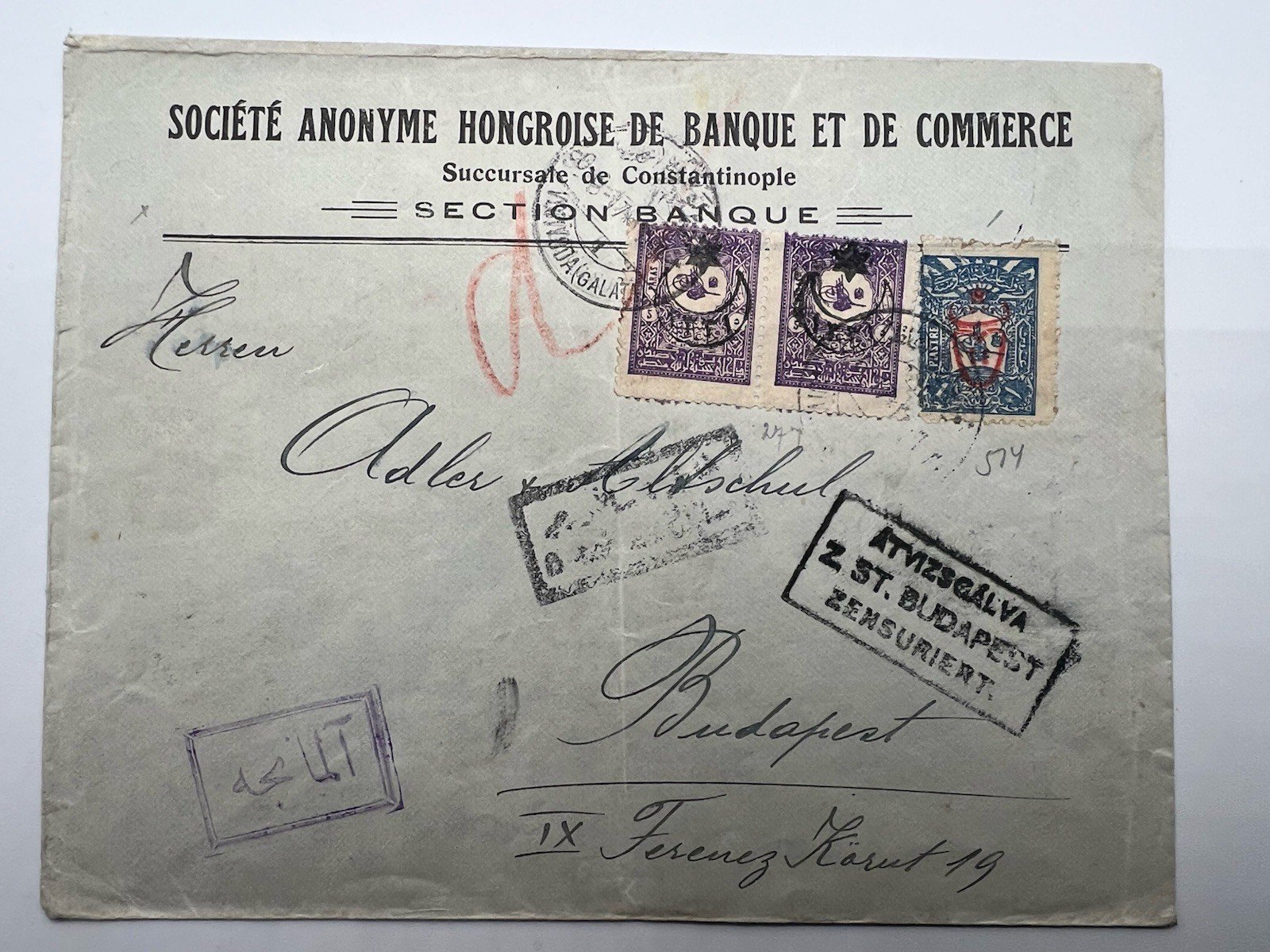 C1919 Ottoman Empire Constantinople to Budapest Romanian Censored Bank #1264