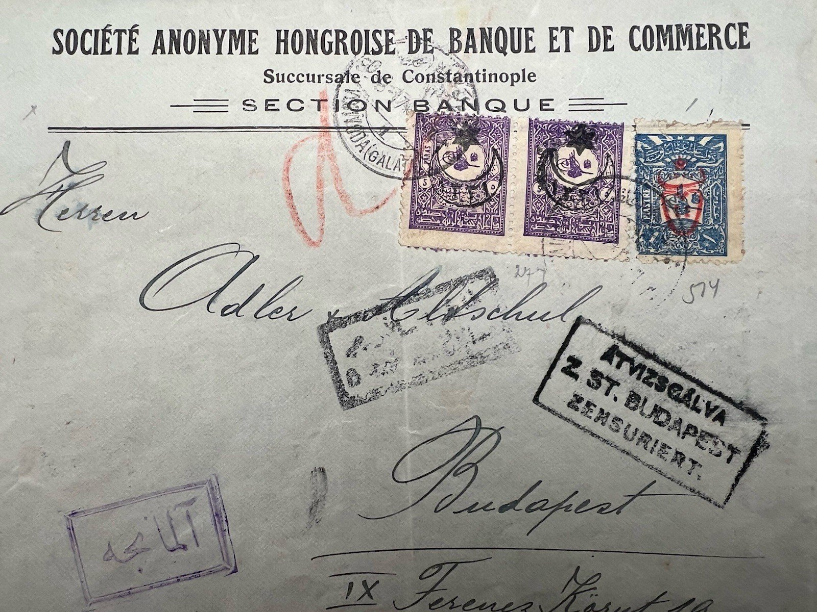 C1919 Ottoman Empire Constantinople to Budapest Romanian Censored Bank #1264 photo 2
