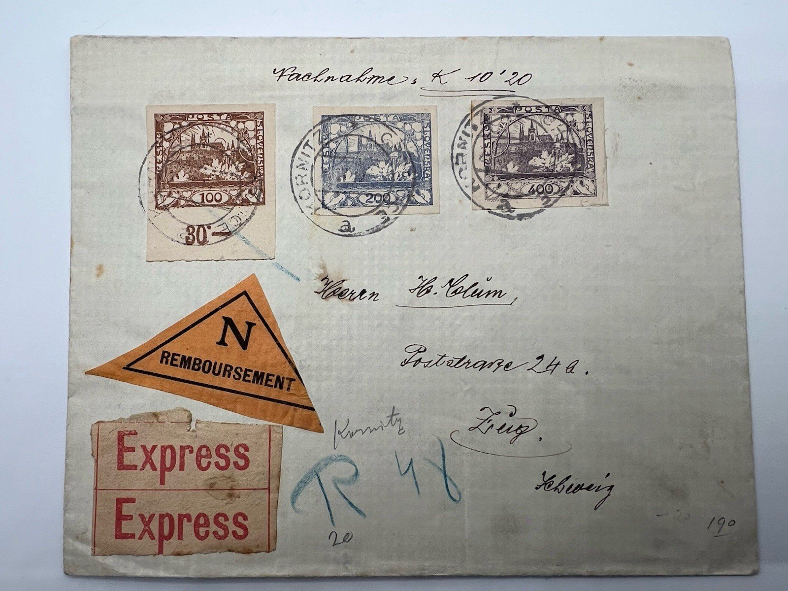 C1920 Czechoslovakia Hradcany Express COD Cover 700h Reimbursement # 1265