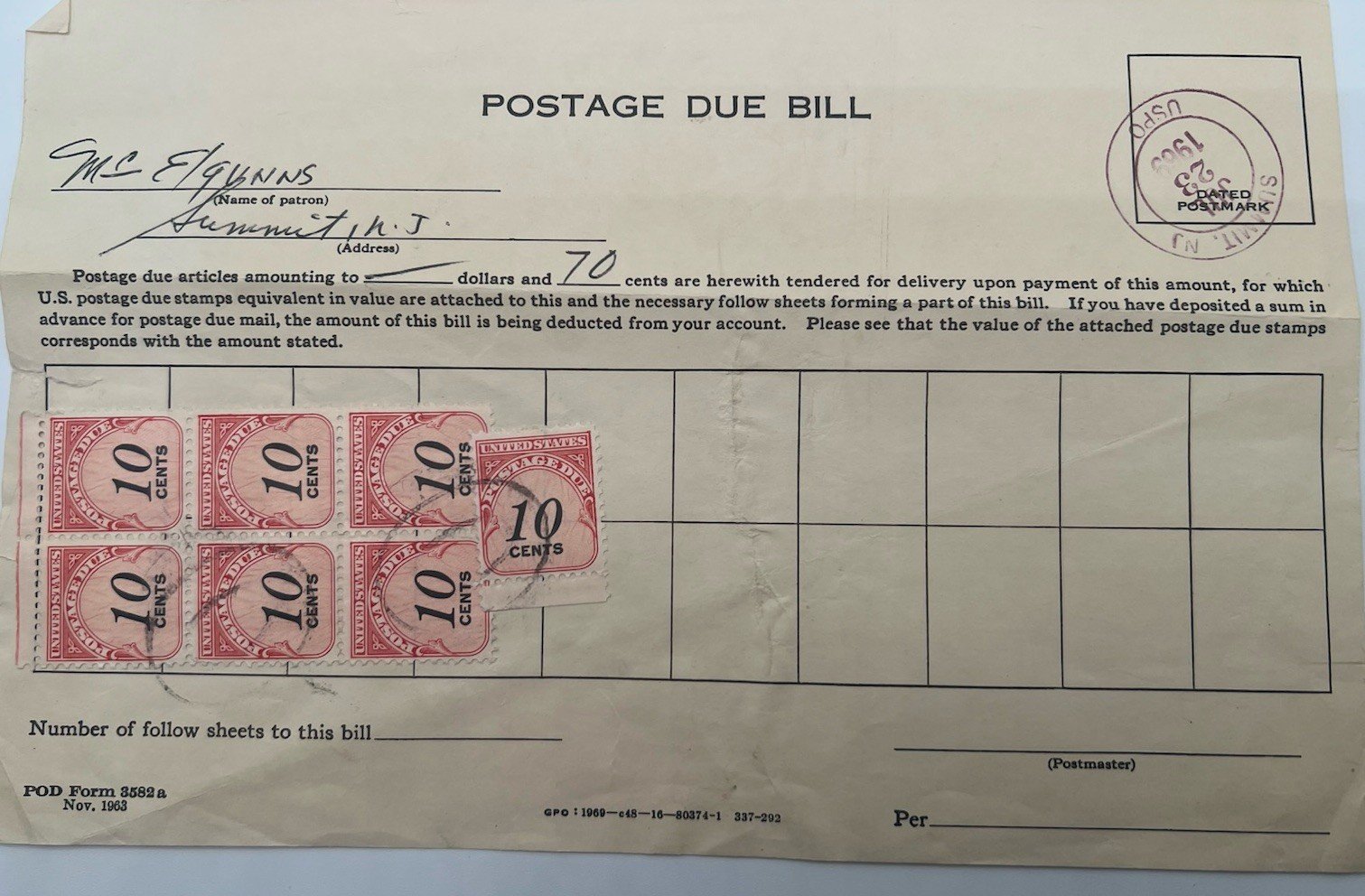 1969 US Post Office Postage Due Bill 70c 7x 10c Stamps Hammonton NJ # 1267