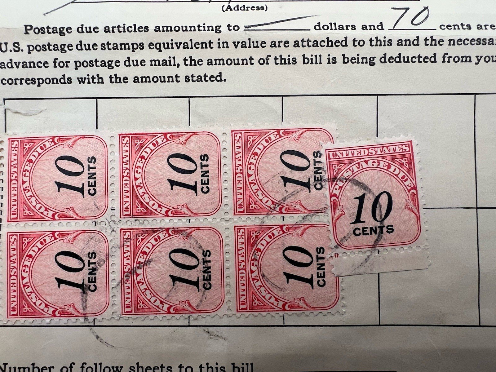 1969 US Post Office Postage Due Bill 70c 7x 10c Stamps Hammonton NJ # 1267 photo 2