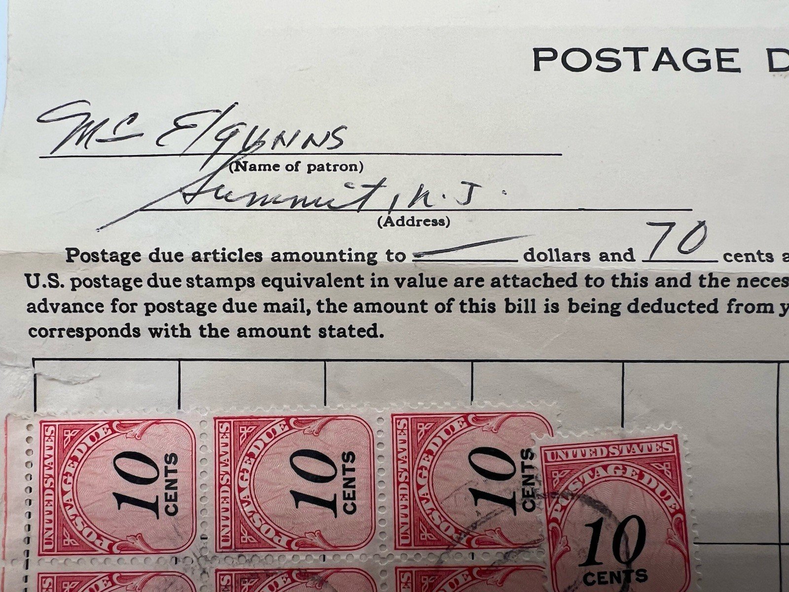 1969 US Post Office Postage Due Bill 70c 7x 10c Stamps Hammonton NJ # 1267 photo 3