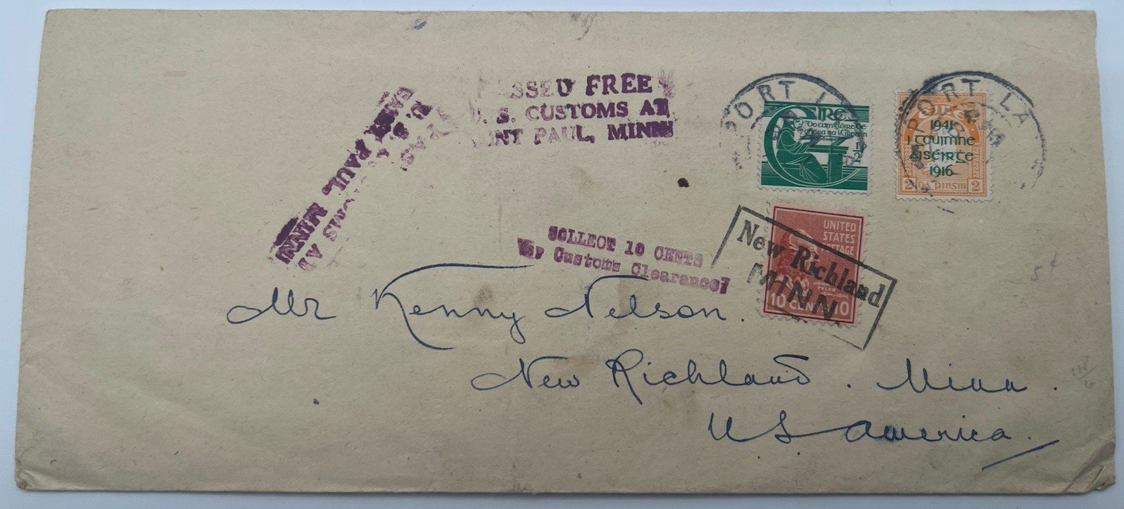 1948 Ireland to Minnesota U.S. Customs 10c Collect Mixed Franking Cover # 1268