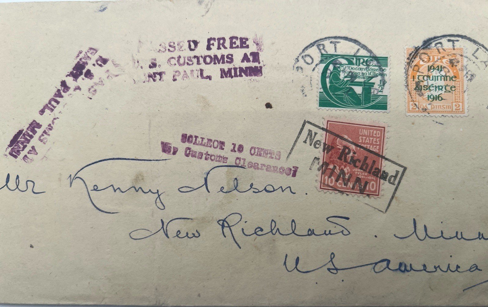 1948 Ireland to Minnesota U.S. Customs 10c Collect Mixed Franking Cover # 1268 photo 2