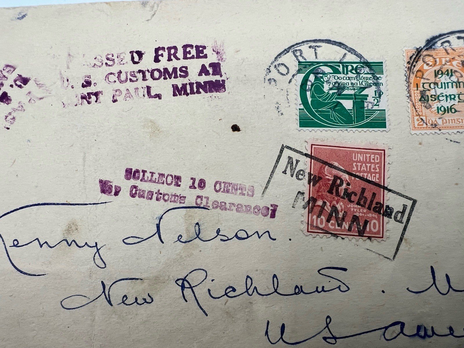 1948 Ireland to Minnesota U.S. Customs 10c Collect Mixed Franking Cover # 1268 photo 3