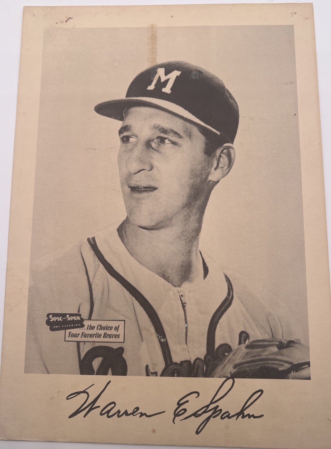 1953-57 Spic & Span Warren Spahn Milwaukee Braves 7x10 Baseball Premium # 1269