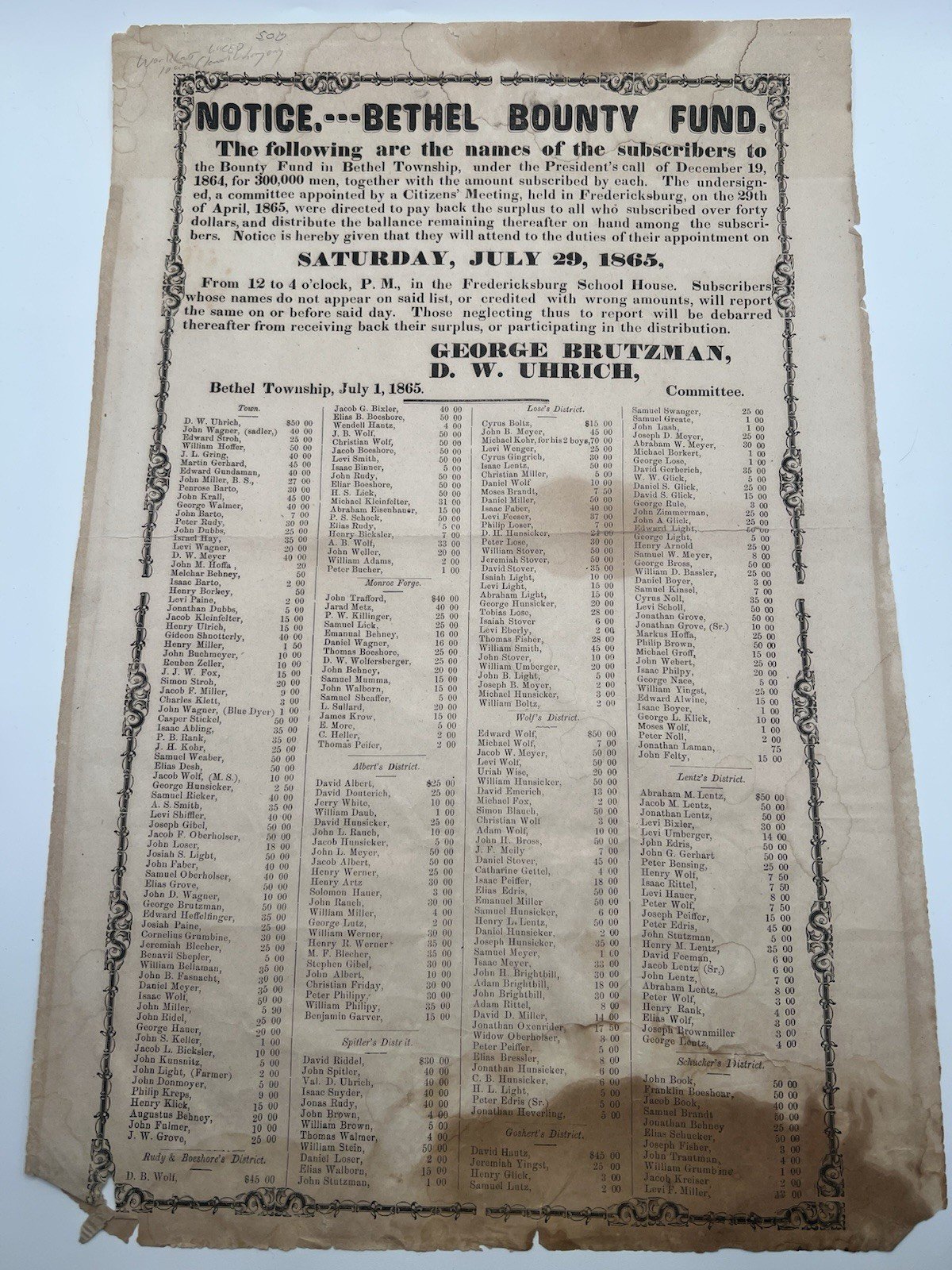 1865 Civil War Bethel Bounty Fund Broadside Lincoln 300,000 Troops PA # TOC2146