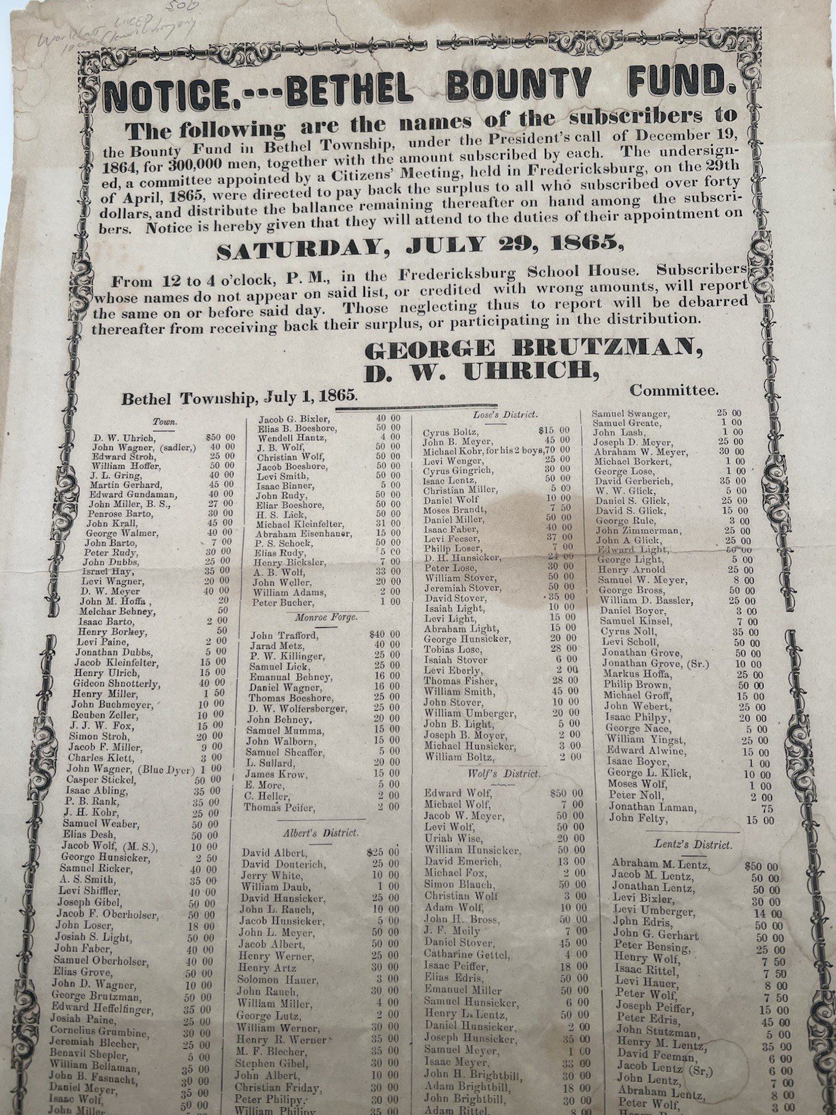 1865 Civil War Bethel Bounty Fund Broadside Lincoln 300,000 Troops PA # TOC2146 photo 2