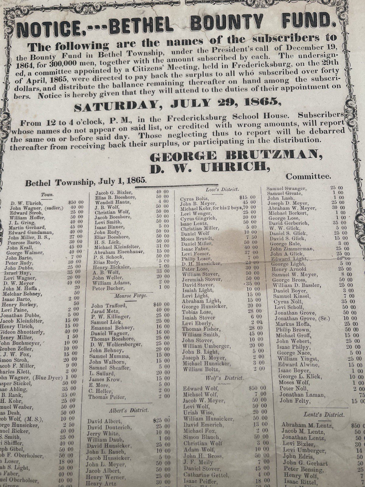 1865 Civil War Bethel Bounty Fund Broadside Lincoln 300,000 Troops PA # TOC2146 photo 3