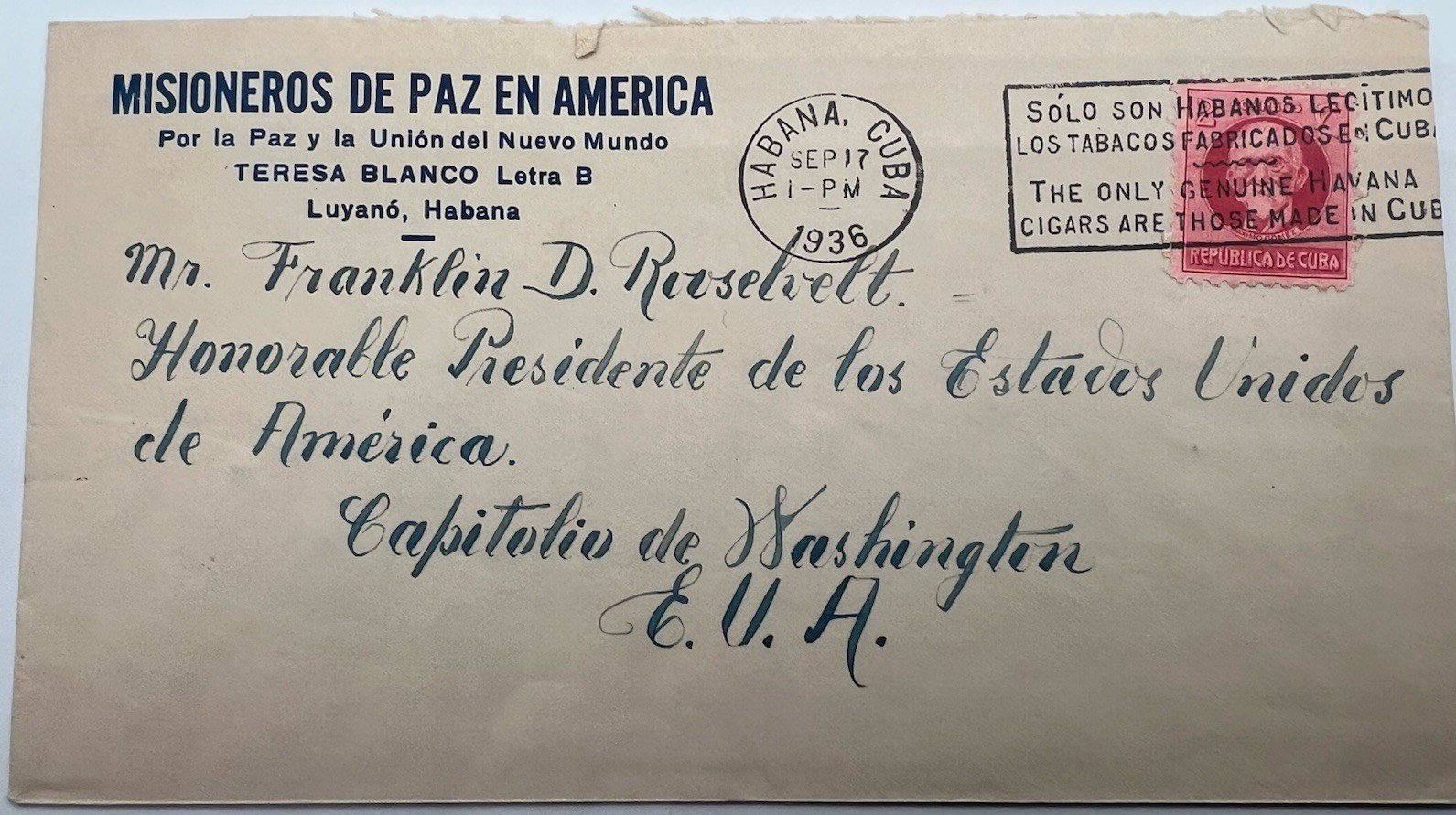 1936 FDR Roosevelt Cuba Cover H.R. Harmer Authenticated Peace Mission # 1284