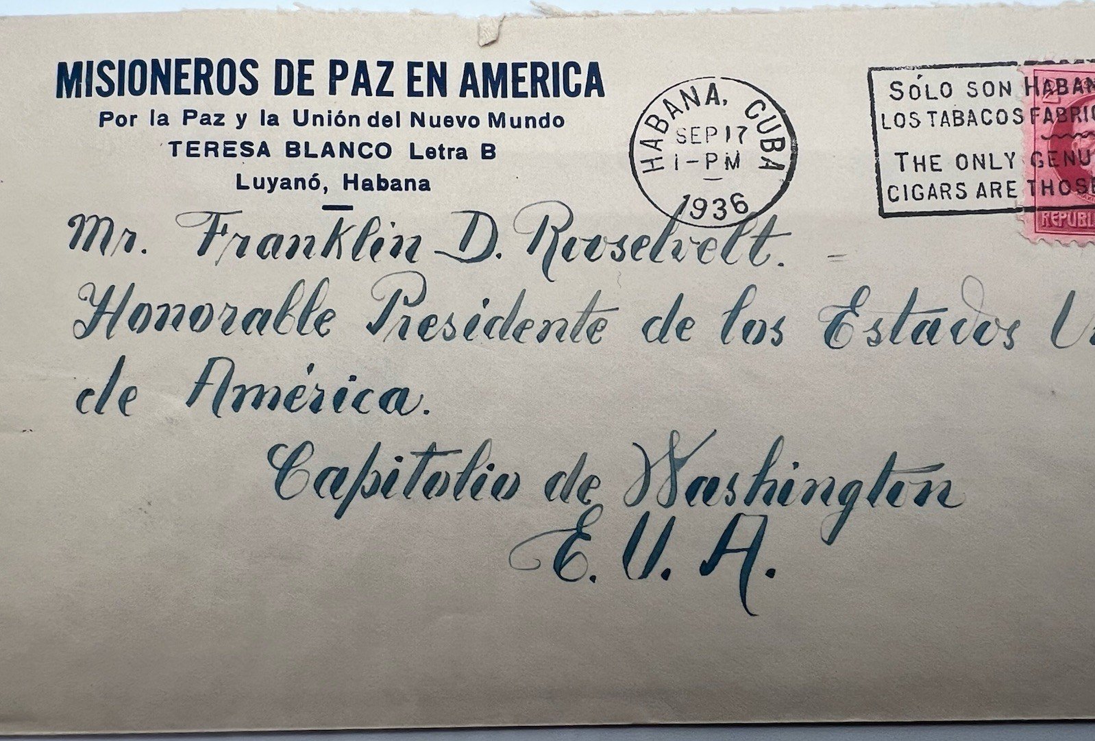 1936 FDR Roosevelt Cuba Cover H.R. Harmer Authenticated Peace Mission # 1284 photo 4