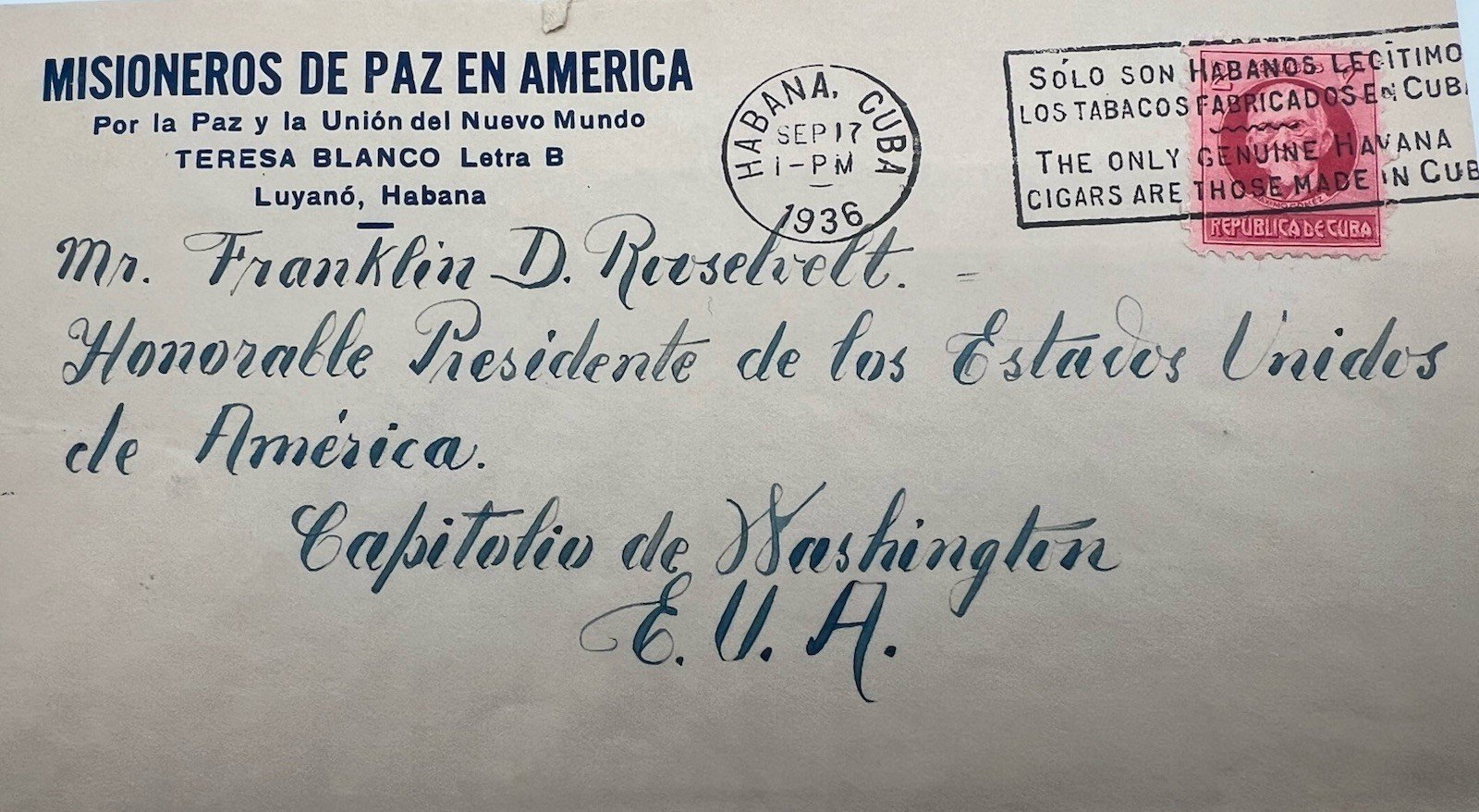 1936 FDR Roosevelt Cuba Cover H.R. Harmer Authenticated Peace Mission # 1284 photo 5