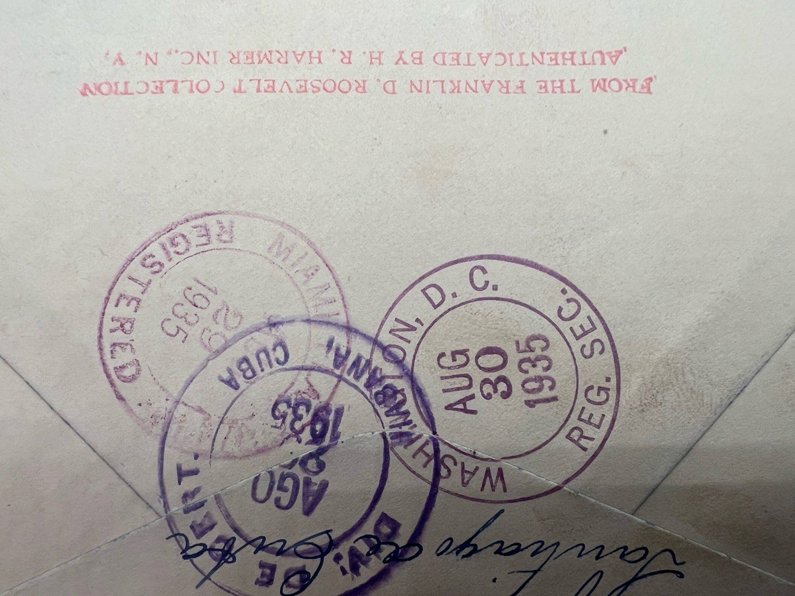 1935 FDR Roosevelt Cuba Registered Airmail Cover H.R. Harmer Authenticated #1285 photo 2