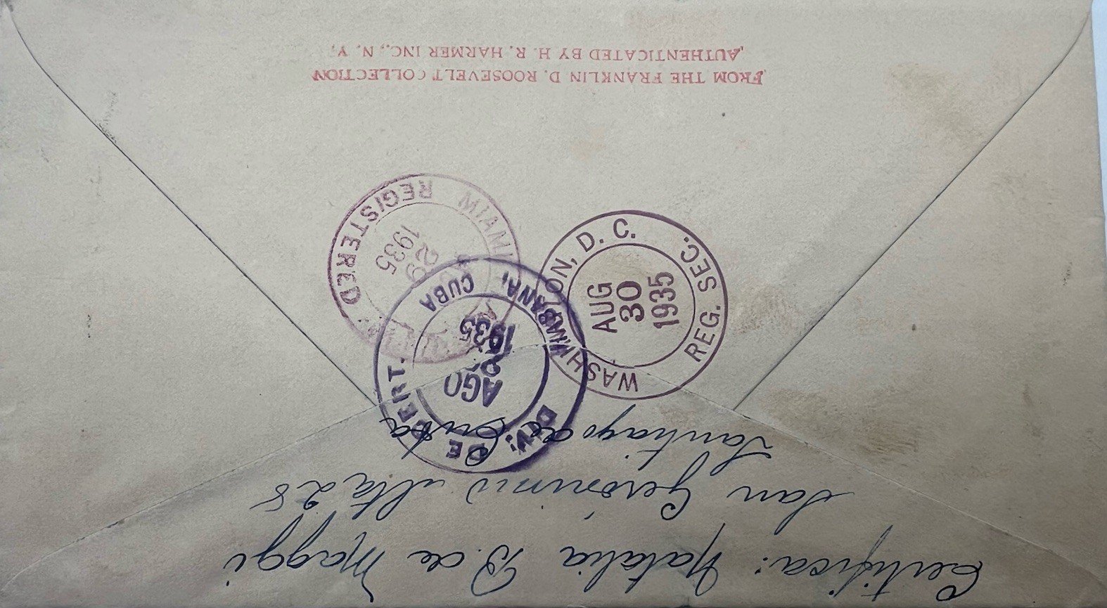 1935 FDR Roosevelt Cuba Registered Airmail Cover H.R. Harmer Authenticated #1285 photo 7