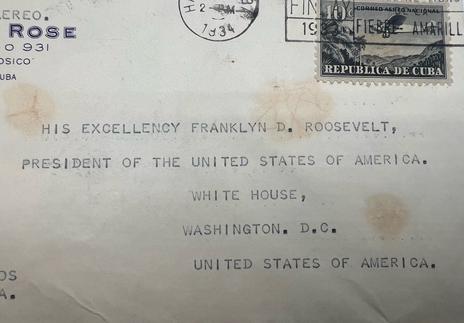 1934 Cuba Air Mail to FDR White House H.R. Harmer Roosevelt Collection # 1287 photo 2