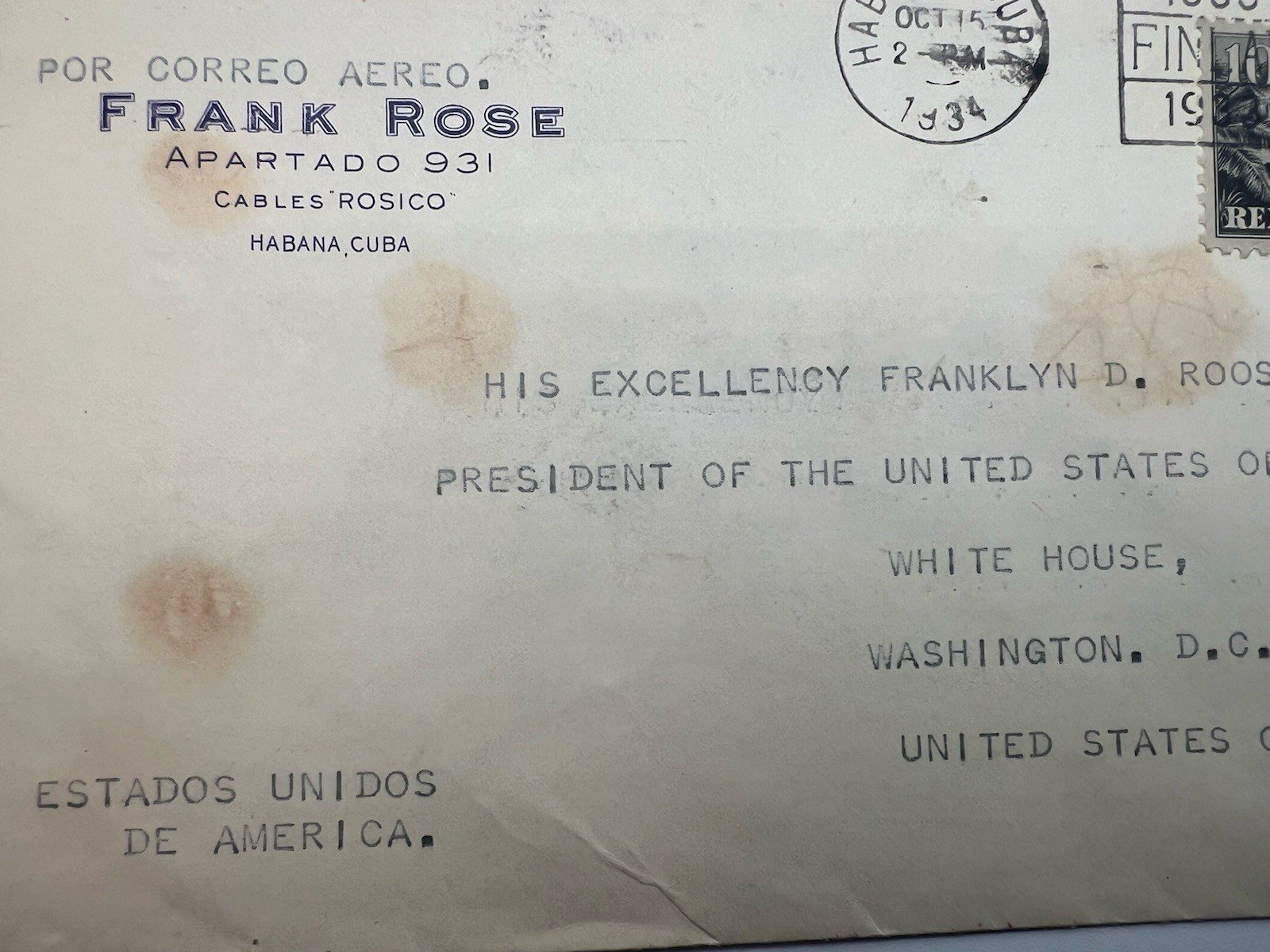 1934 Cuba Air Mail to FDR White House H.R. Harmer Roosevelt Collection # 1287 photo 3