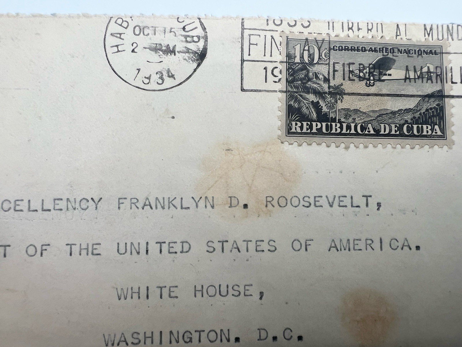 1934 Cuba Air Mail to FDR White House H.R. Harmer Roosevelt Collection # 1287 photo 4