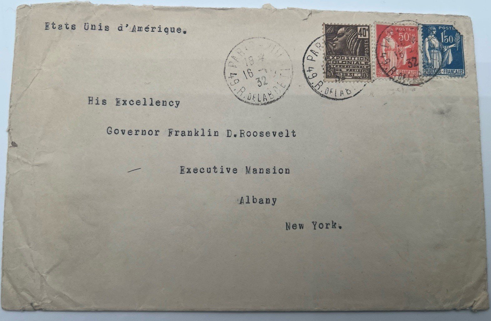 1932 Paris France to FDR Franklin D Roosevelt Governor NY Campaign Cover # 1288