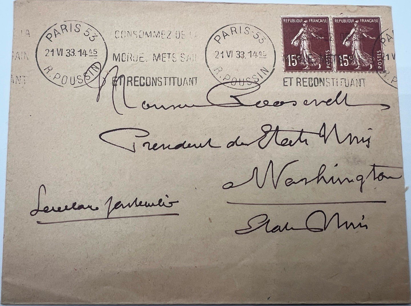 1933 Paris France FDR Cover to President Roosevelt H.R. Harmer Provenance #1290