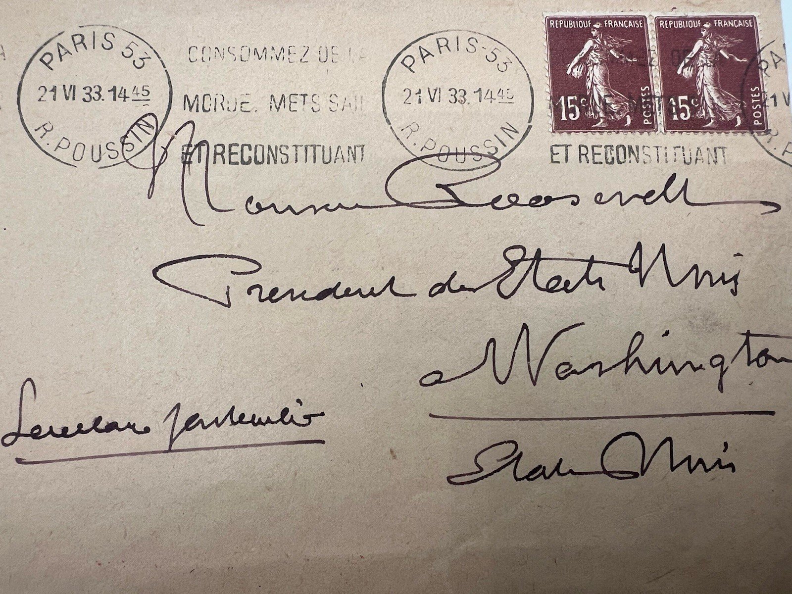 1933 Paris France FDR Cover to President Roosevelt H.R. Harmer Provenance #1290 photo 2