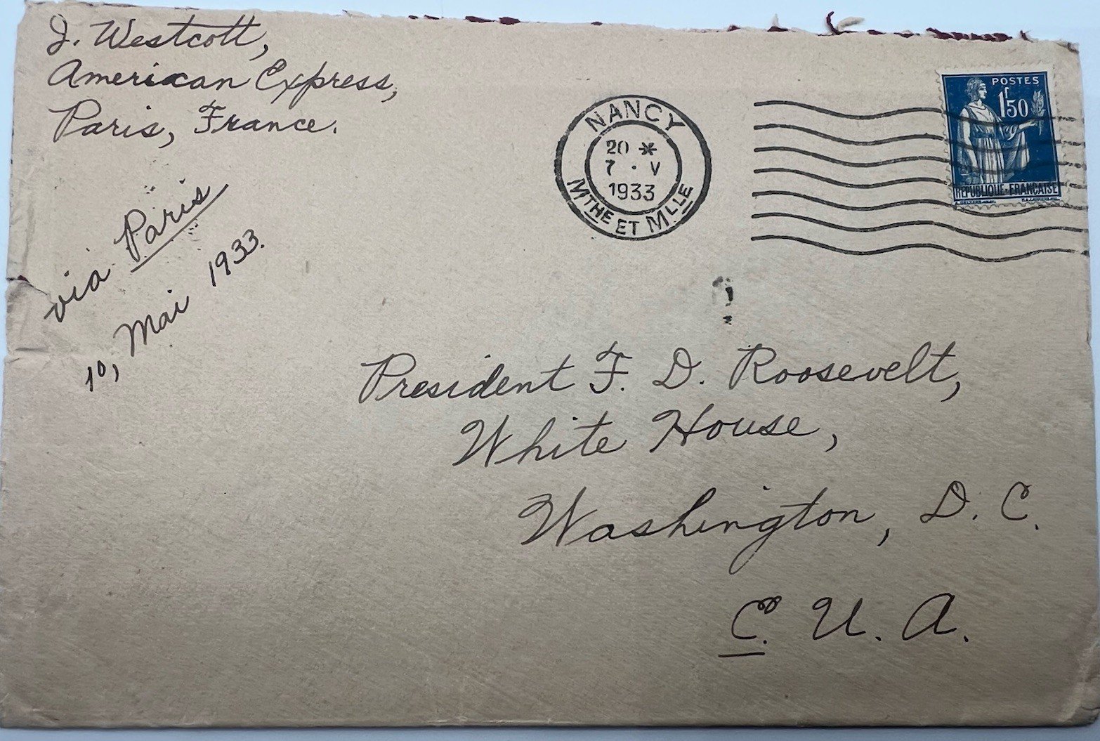 1933 France FDR White House Cover H.R. Harmer Roosevelt Collection # 1291
